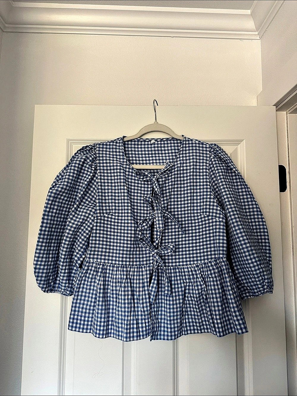 New Look Gingham Front Peplum Blouse Blue & White